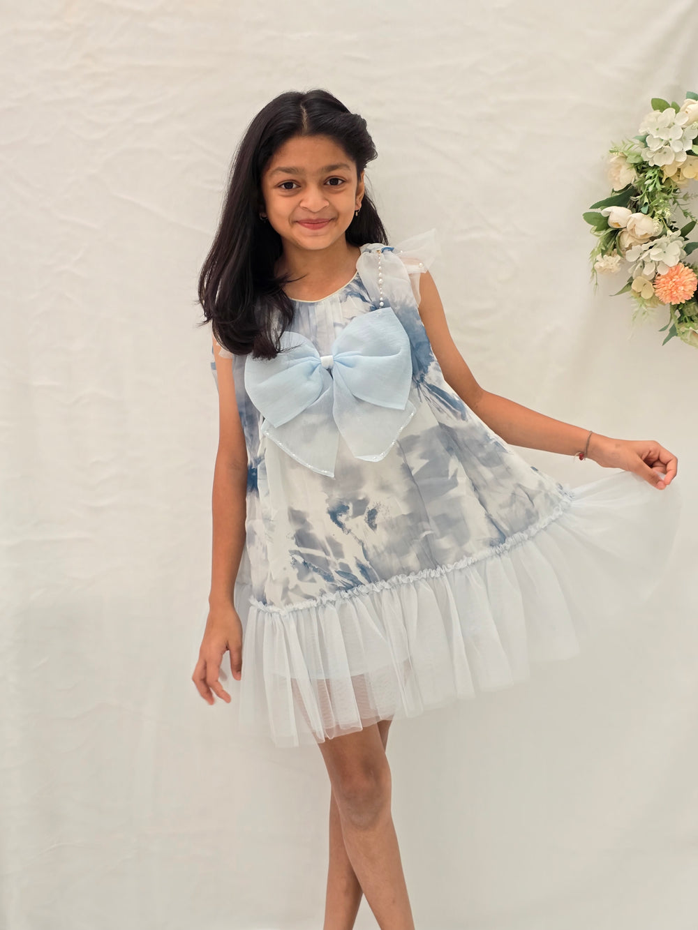 Printed Shades Of Powder Blue Big Bow Dress