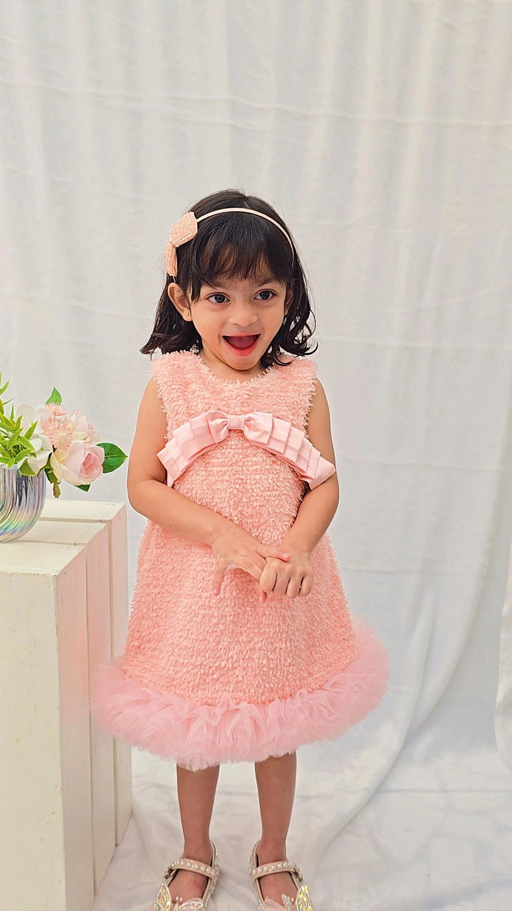 Pink Pleated Bow Dress