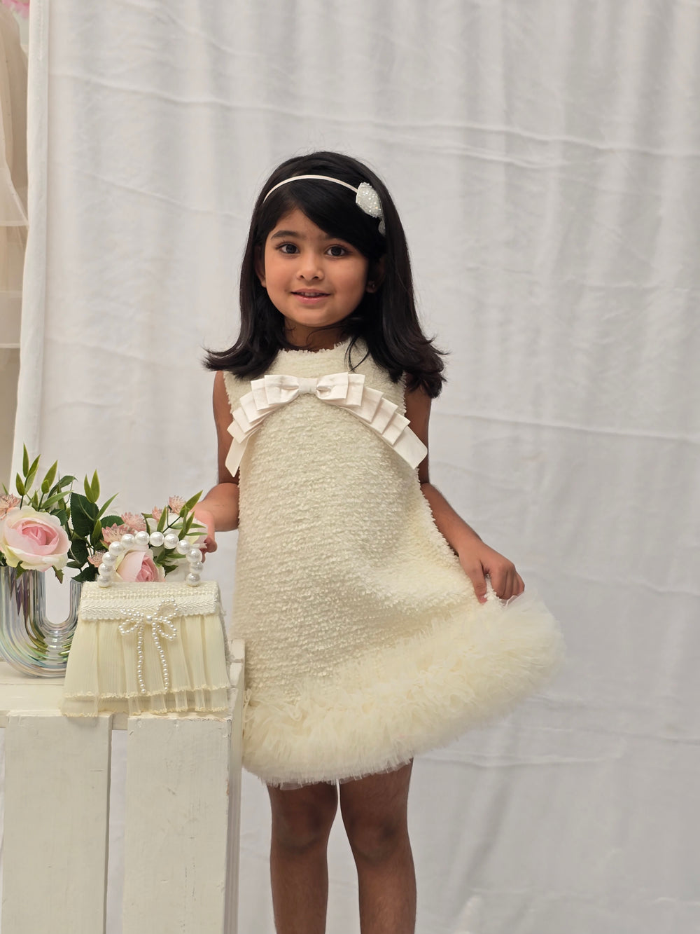Off White Pleated Bow Dress