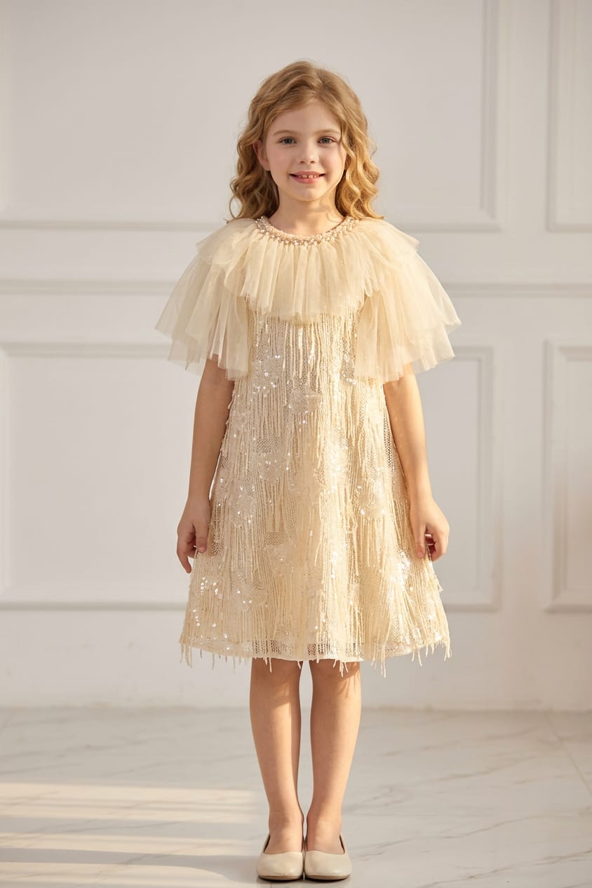 CREAM RUFFLE NECK SEQ FROCK