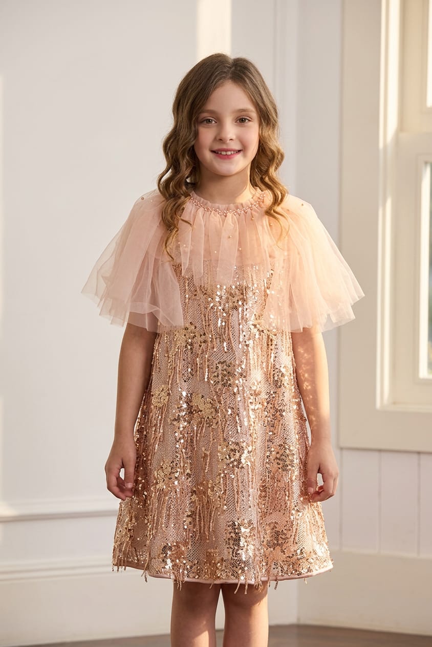 PINK RUFFLE NECK SEQ FROCK