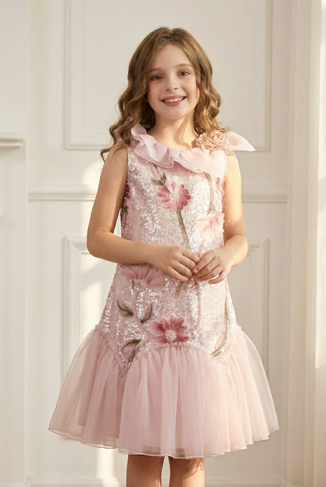 PINK SLEEVELESS SEQ FLORAL FROCK