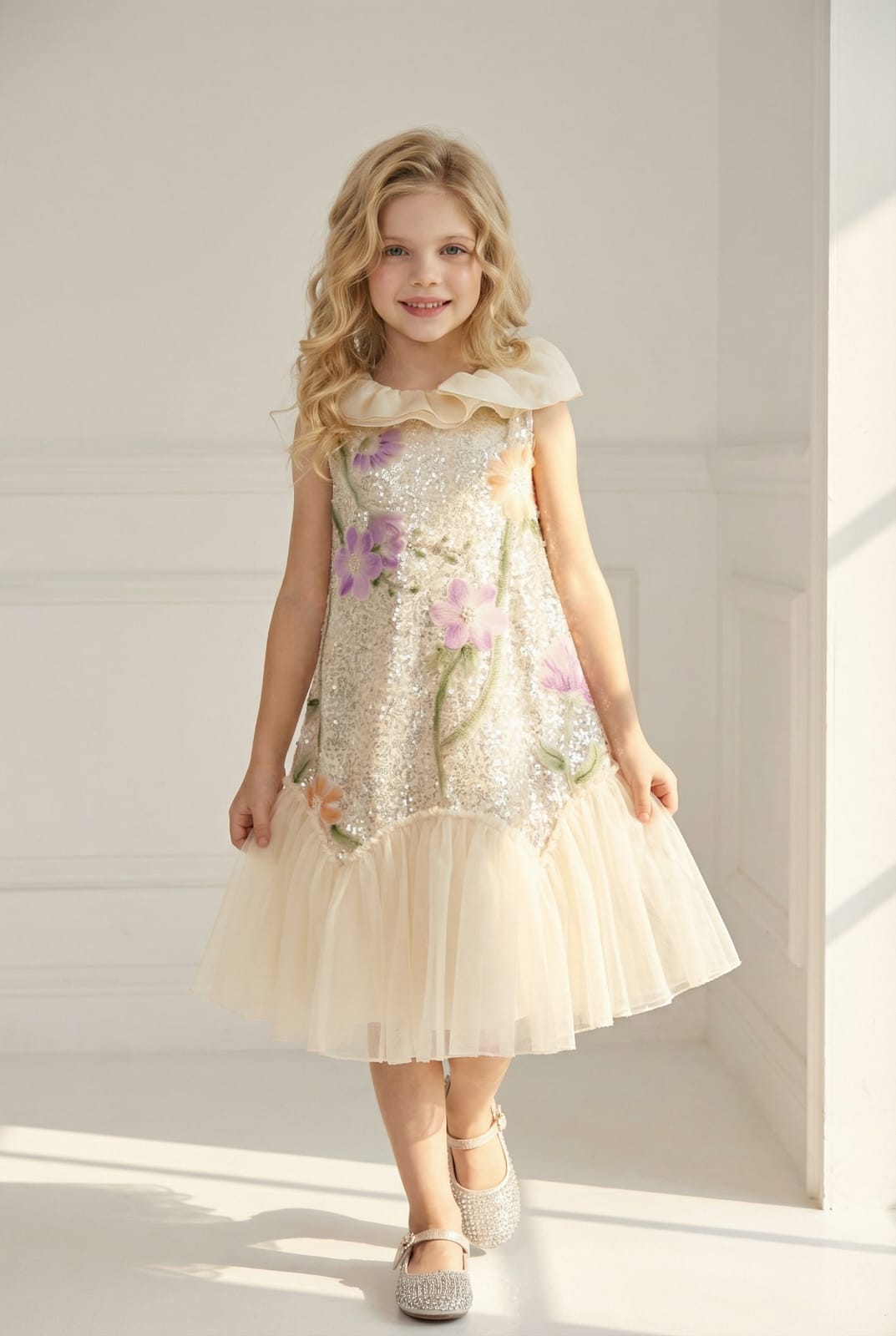 CREAM SLEEVELESS SEQ FLORAL FROCK