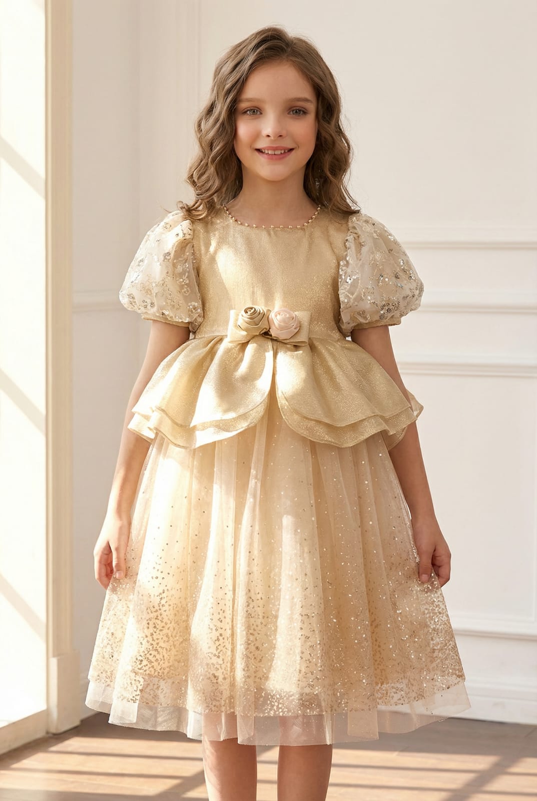 PUFF SHIMMER SLEEVE GOLDEN FROCK