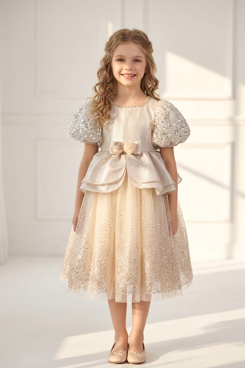 PUFF SHIMMER LIGHT COPPER PUFF SLEEVE FROCK