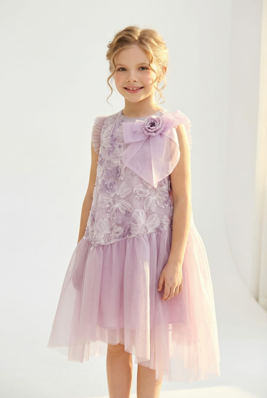 LAVENDER SLEEVELESS 3D FLORAL FROCK