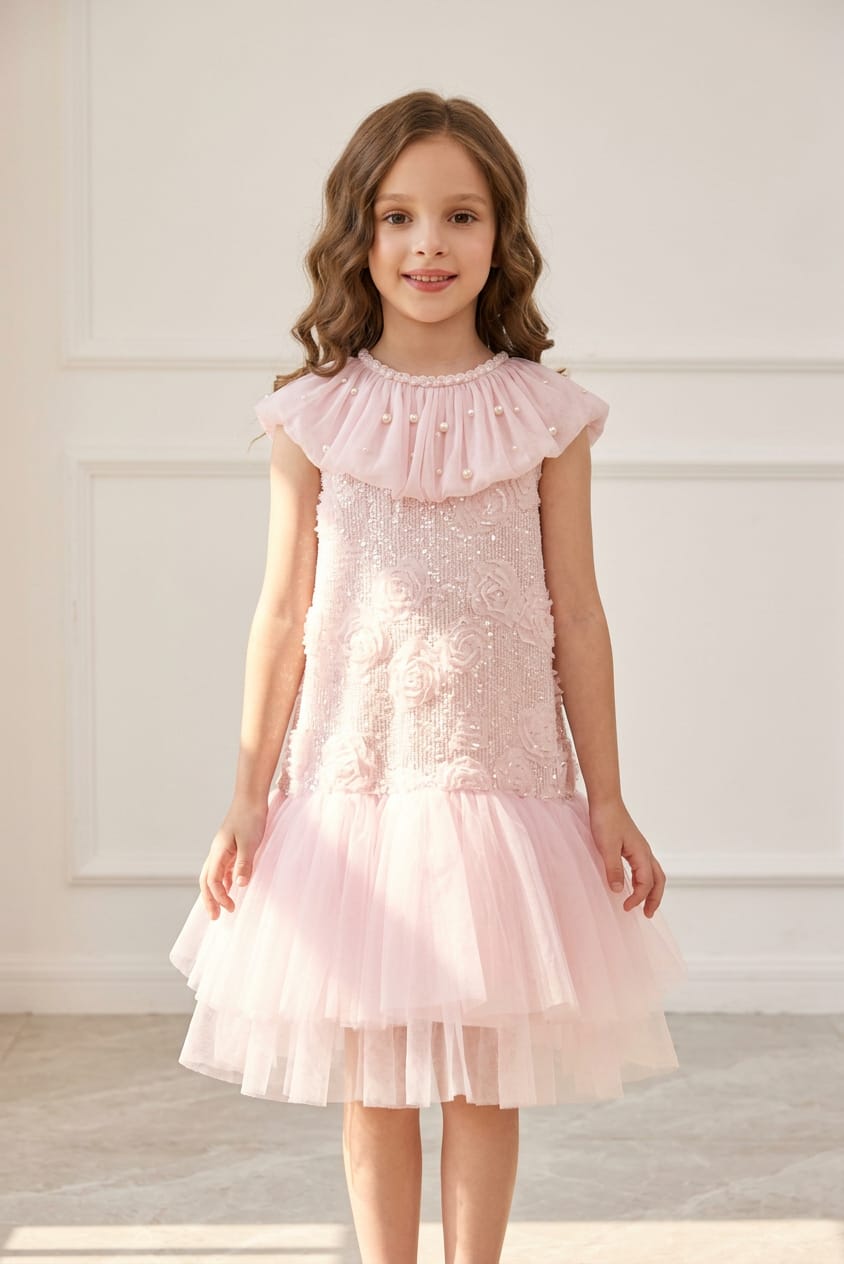 PINK PEARL EMBELLISHED RUFFLE NECKLINE SEQ FROCK