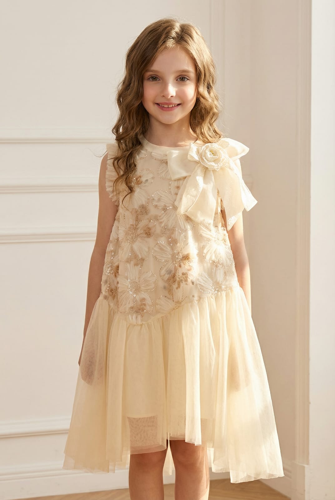 BEIGE SLEEVELESS 3D FLORAL FROCK