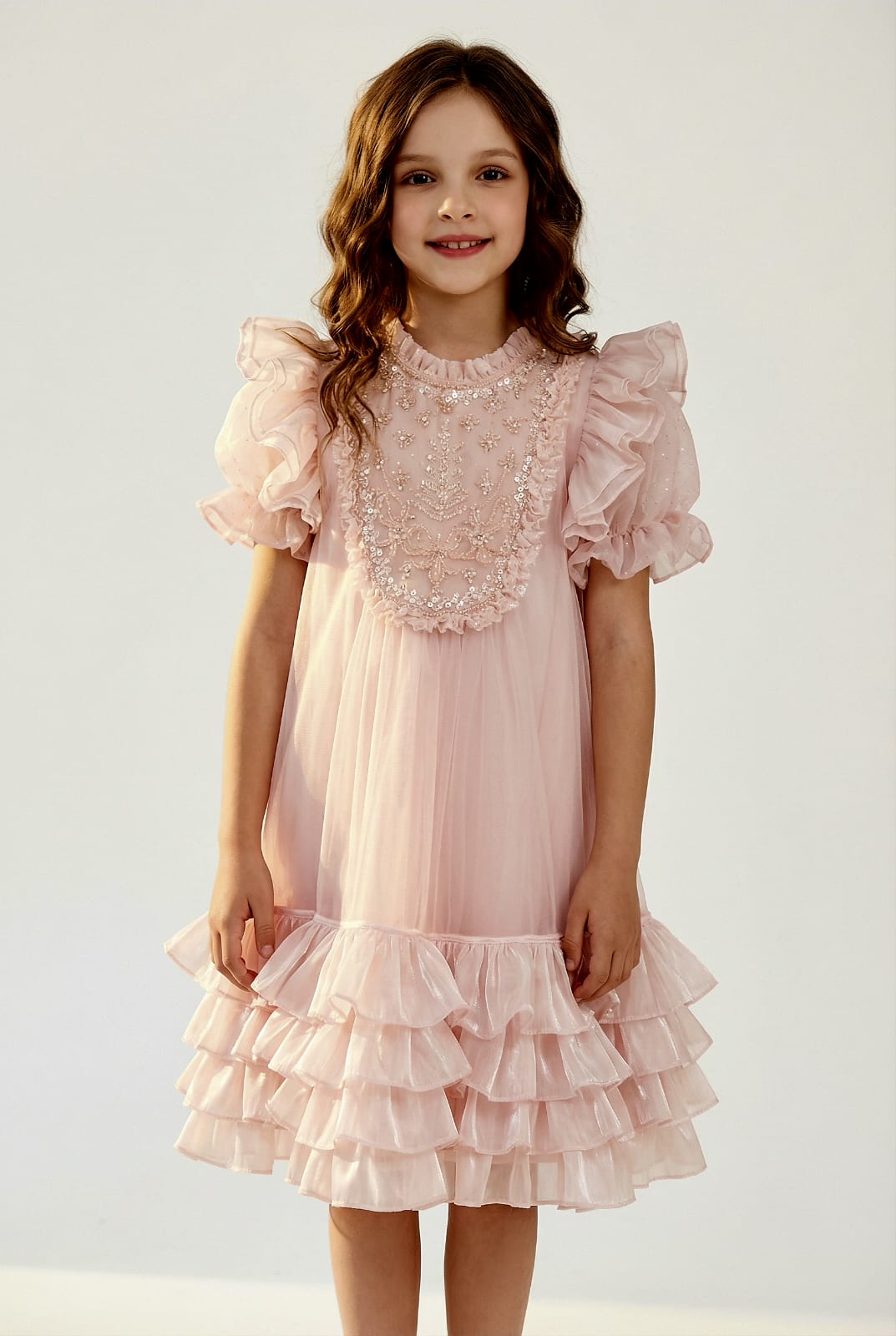 PINK RUFFLE SLEEVE WITH BEAUTIFUL SEQ WORK ON CHEST
