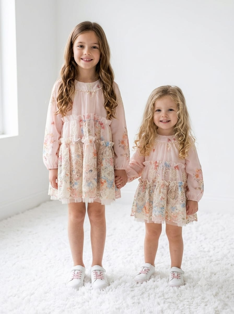 Pink Floral embroidery 3/4 sleeve frock