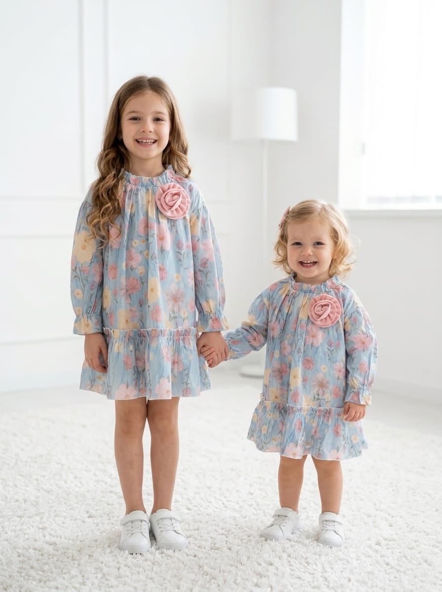 Blue floral embroidery 3/4 sleeve frock