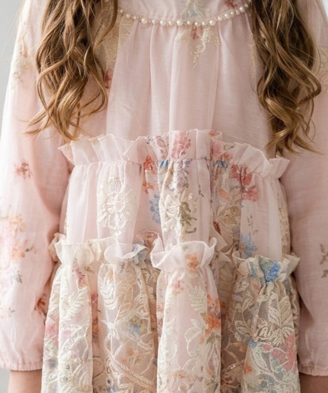 Pink Floral embroidery 3/4 sleeve frock