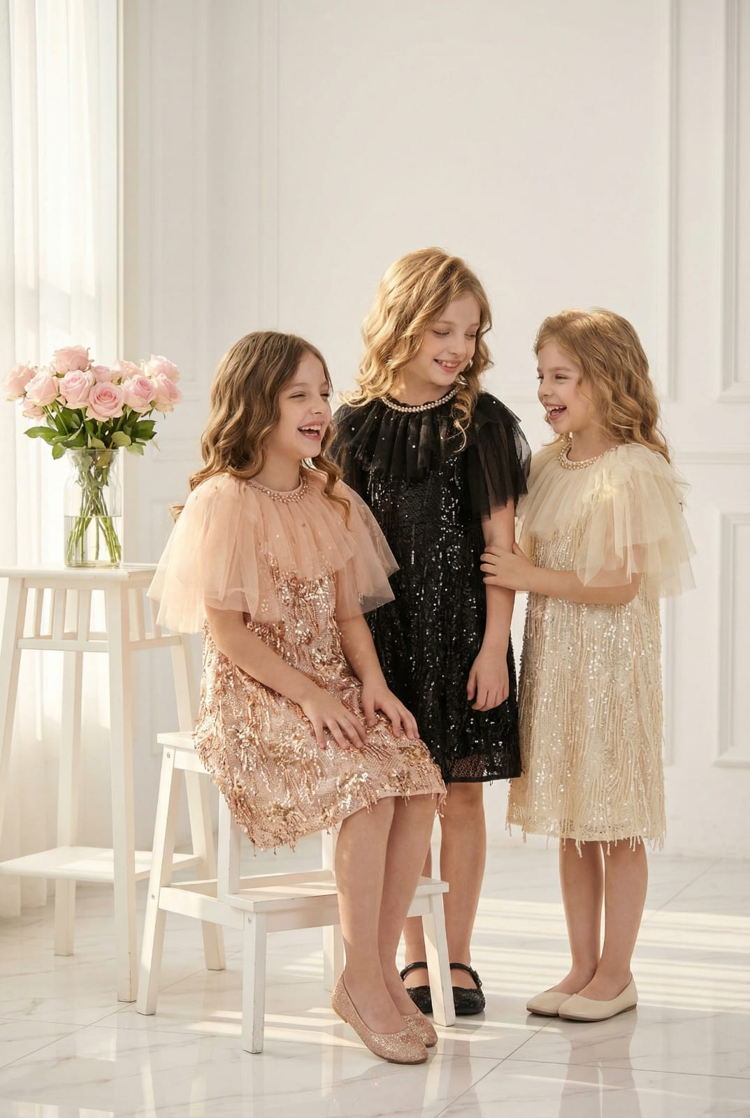 CREAM RUFFLE NECK SEQ FROCK