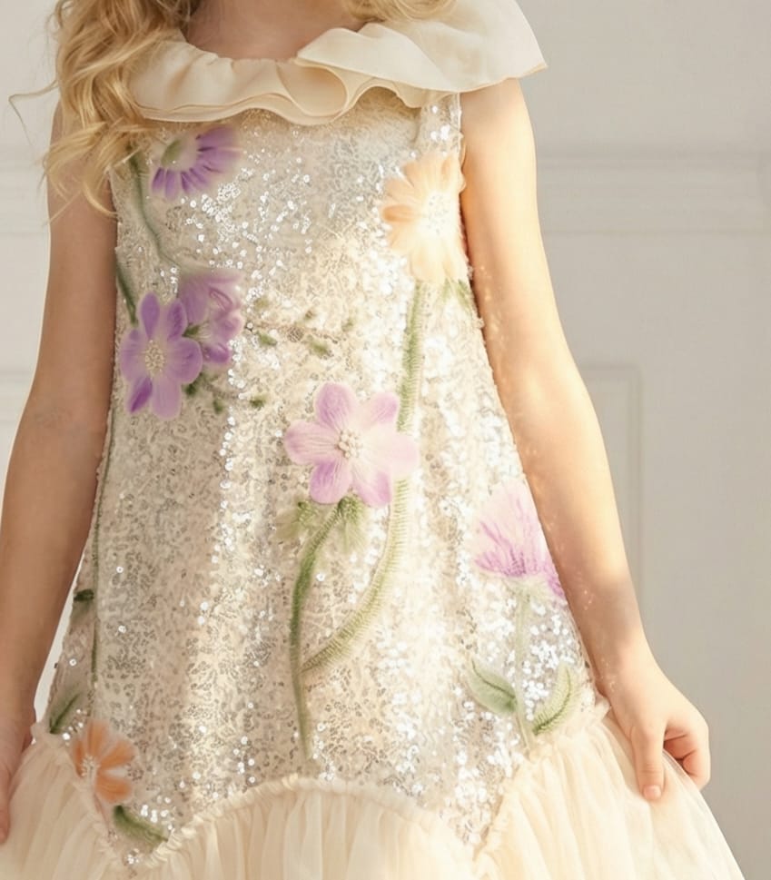 CREAM SLEEVELESS SEQ FLORAL FROCK
