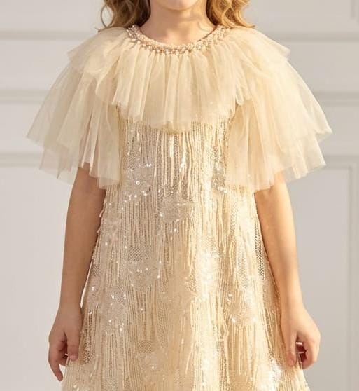 CREAM RUFFLE NECK SEQ FROCK