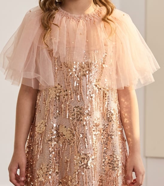 PINK RUFFLE NECK SEQ FROCK