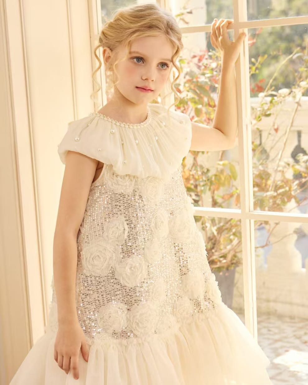 CREAM PEARL EMBELLISHED RUFFLE NECKLINE SEQ FROCK
