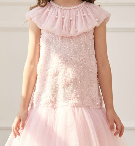 PINK PEARL EMBELLISHED RUFFLE NECKLINE SEQ FROCK