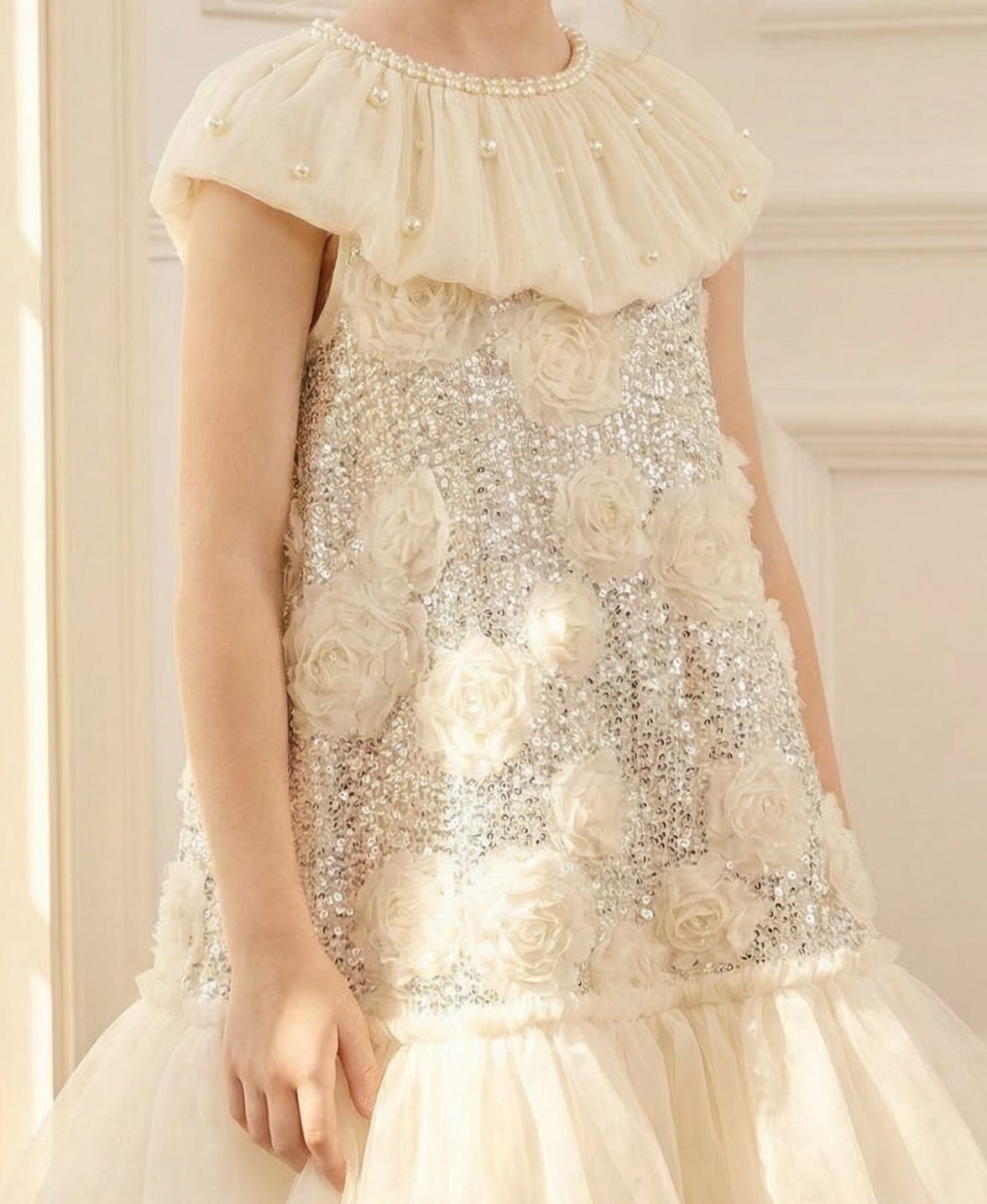 CREAM PEARL EMBELLISHED RUFFLE NECKLINE SEQ FROCK