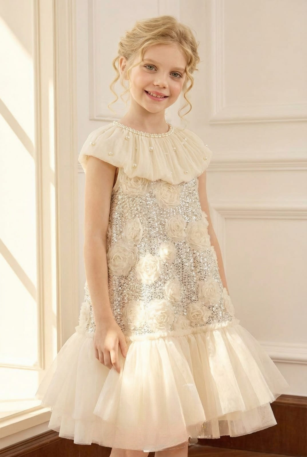 CREAM PEARL EMBELLISHED RUFFLE NECKLINE SEQ FROCK